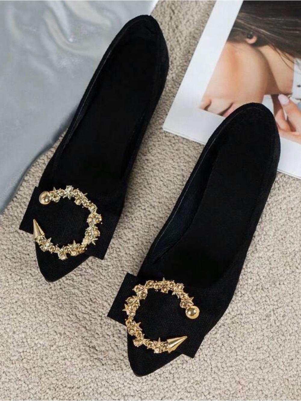 Black Women's Pointed Flats with Gold Embellishment